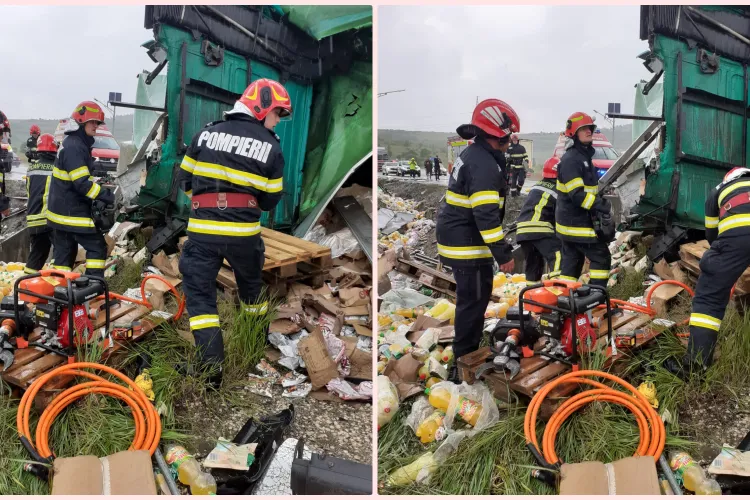 TIR încărcat cu sucuri, răsturnat pe drumul Cluj - Bihor, la Leghia. Șoferul nu a mai putut fi salvat