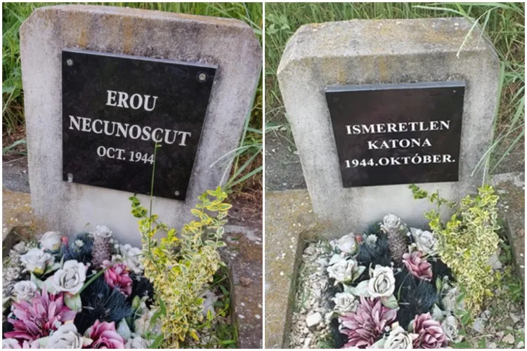 Mormântul unui erou din Ardeal, profanat. Inscripția originală în limba română a fost acoperită cu un text nou, în limba maghiară