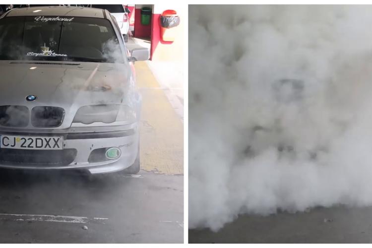 ”În loc să dați cu un stingător, mai bine filmați?” - O mașină a luat foc la Auchan Iris - VIDEO