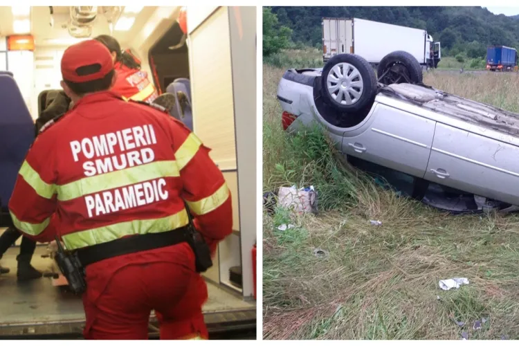 S-au răsturnat cu mașina la Huedin, dar au reușit să iasă singuri din mașină - FOTO