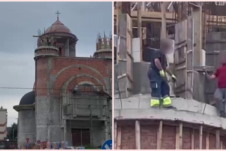 Cluj - Muncitorii lucrează fără nicio asigurare pe acoperișul unei biserici din Zorilor - VIDEO
