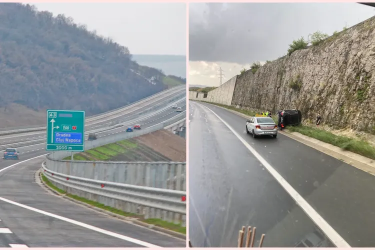 Mașină răsturnată pe Autostrada Transilvania. Și-au făcut praf autoturismul - FOTO   