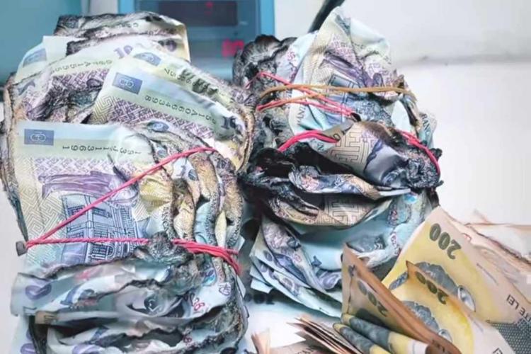 Un bărbat a dus trei teancuri de bani topiţi la Banca Naţională şi a primit bancnote noi