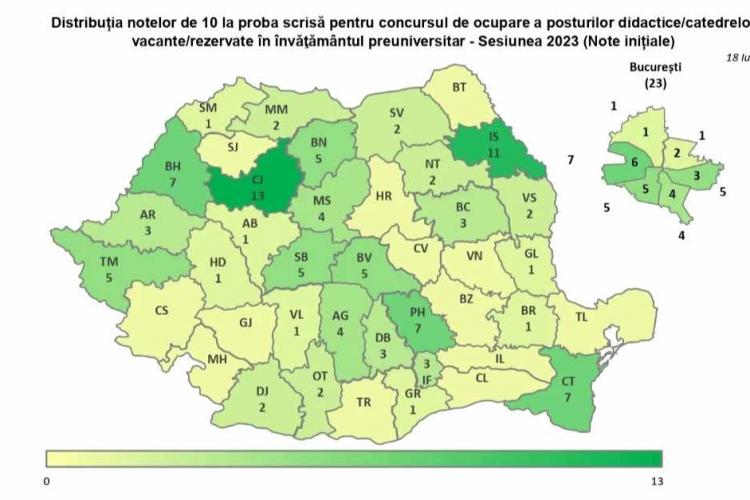 Harta notelor de 10 la Titularizare 2023. Cele mai multe note maxime sunt în județul Cluj