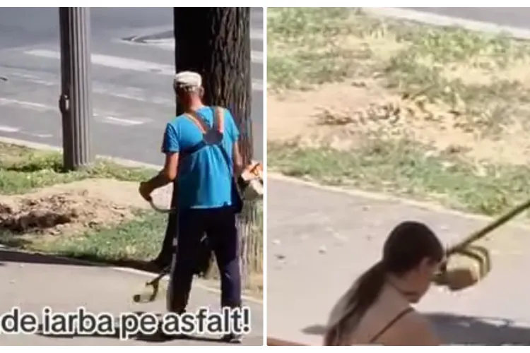 Numai în România se poate! Tunde iarba pe asfalt - VIDEO