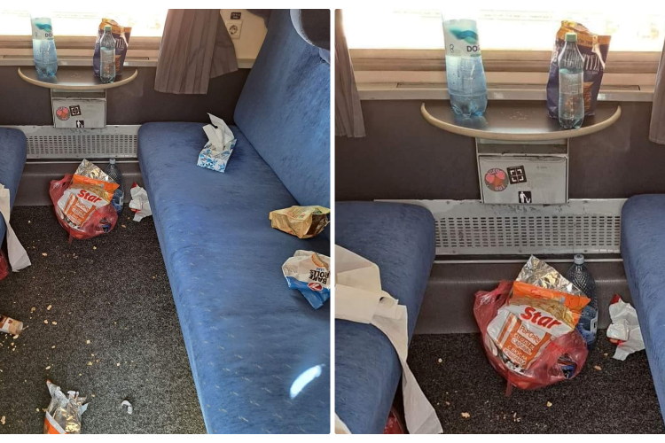 RUȘINICĂ! Așa au lăsat cușeta trenului elevii care au mers spre Oradea - FOTO