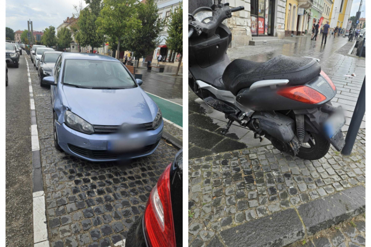 ACCIDENT pe Bulevardul Eroilor din Cluj-Napoca! Un șofer a lovit o motocicletă la ieșirea din parcare