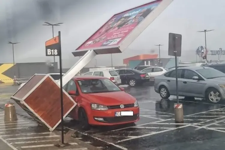 Mașina unui clujean, lovită de un panou publicitar în parcarea mall-ului - FOTO