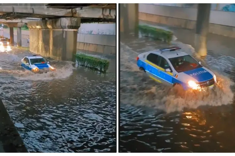 ”Am văzut imposibilul!” - Loganul de poliție din Cluj a trecut fără probleme prin ”lacul” de pe strada Fabricii - VIDEO