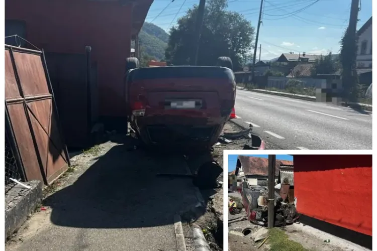 Accident teribil în Cluj: Un șofer a făcut praf mașina, s-a răsturnat în Poieni - FOTO