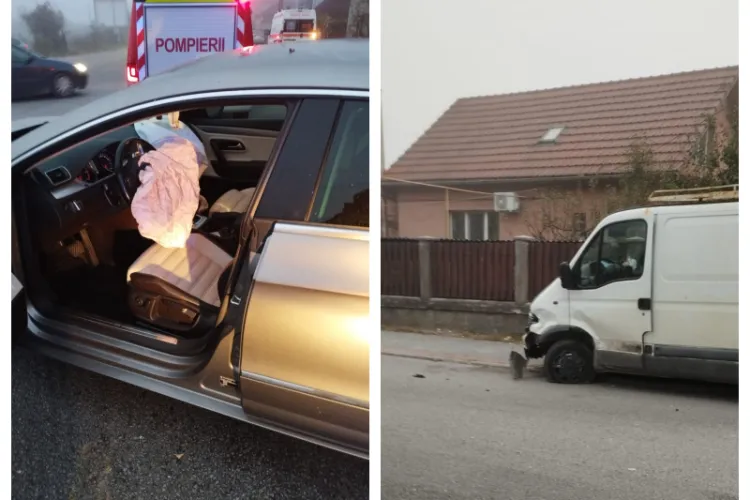 Accident între o dubă și o mașină în Dej! Un bărbat de 30 de ani a fost transportat la spital - FOTO