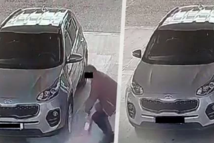 Imagini cu un șofer, virale pe internet! Bărbatul a intrat într-o benzinărie și a încercat să-și umfle anvelopa mașinii cu stingătorul de incendiu