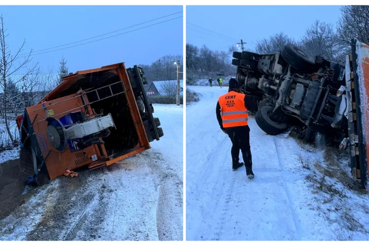 Mașină de deszăpeziri, răsturnată la Cluj! Șoferii s-au amuzat: ”Domnul șofer iese la deszăpeziri de 30 de ani și este tatăl meu!” - FOTO