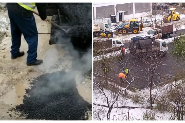 Asfaltări pe zăpadă în Mănăștur: ”Garantat va ține asfaltul pe care îl toarnă acum” - VIDEO