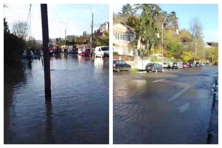 Inundații pe o stradă din Cluj-Napoca după ce o conductă subterană a fost avariată - VIDEO