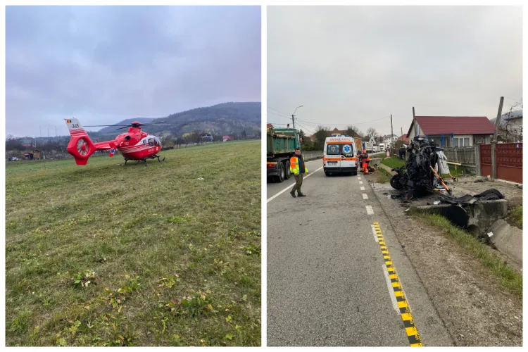 Accident grav cu o victimă încarcerată în Câțcău, Cluj! Un elicopter SMURD s-a deplasat la locul incidentului - VIDEO