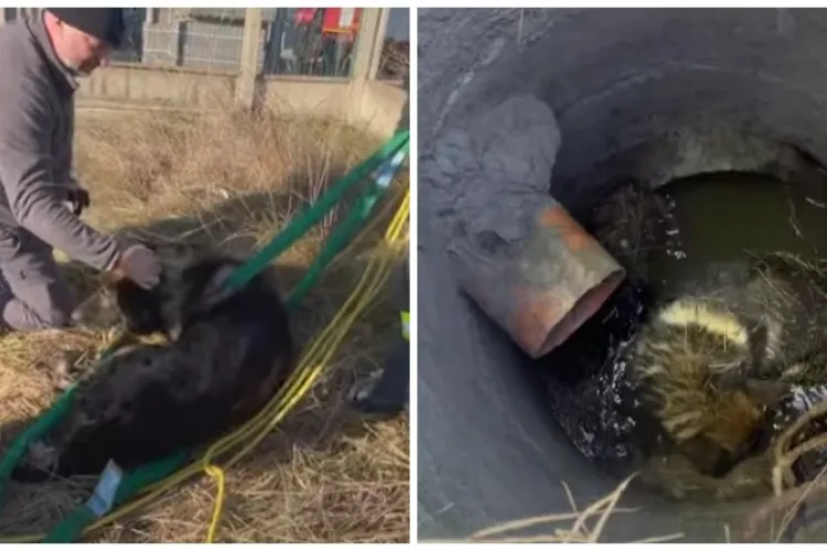 Pompierii clujeni au salvat un cățel căzut într-un canal neacoperit. Stăpânul patrupedului era să cadă și el 