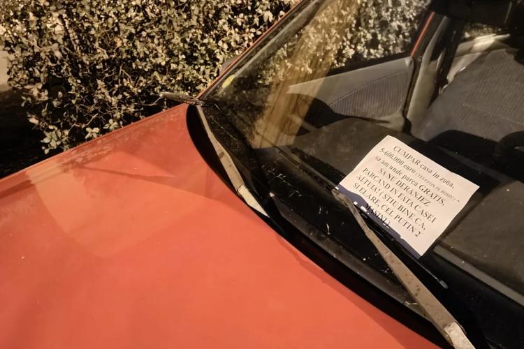 Mesaj lăsat pe mașină de un clujean de ”6 generații”! A ținut să îl umilească pe un șofer care a parcat în fața vilei lui - FOTO