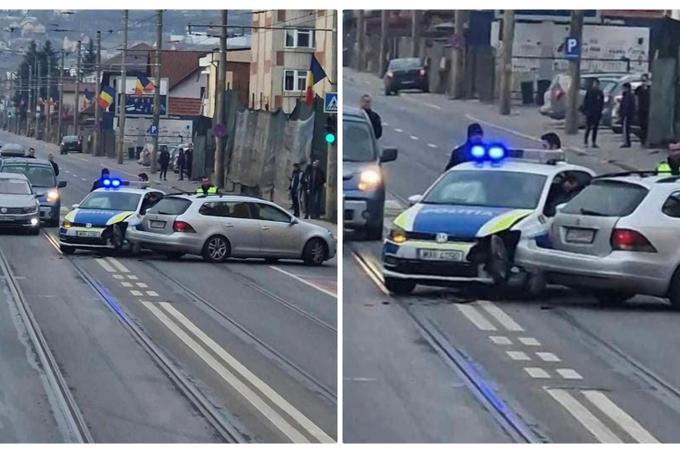 Mașină de poliție lovită de un șofer din Cluj, în timpul protestului fermierilor și transportatorilor - FOTO