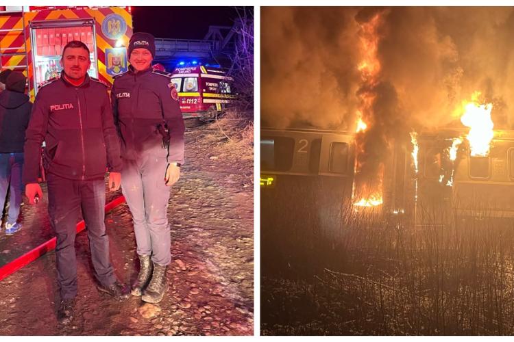 A luat foc trenul Galați - Cluj. Doi polițiști au fost eroii serii și au salvat 33 de oameni - FOTO