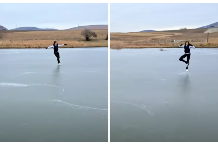 Show făcut de o patinatoare profesionistă pe un lac înghețat din Cluj - VIDEO