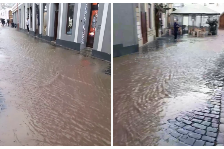 Inundație pe strada Matei Corvin. Clujenii sunt puși pe glume: ”Trebuie înmuiat pământul, să sape mai ușor la metrou” - VIDEO