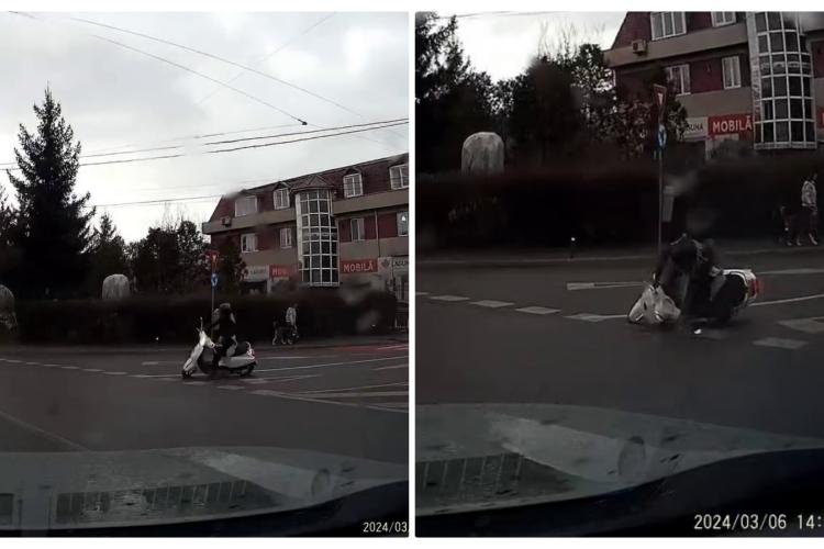 Un scuterist a ”leșinat” în sensul giratoriu. Un șofer a oprit pentru a-l ajuta - VIDEO