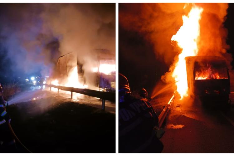Un camion a ars ca o torță pe un drum din Cluj - VIDEO