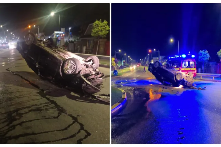 VIDEO EXCLUSIV- Imagini de pe camerele de supraveghere cu accidentul în care un șofer beat a ”zburat” prin sensul giratoriu din Florești, județul Cluj 