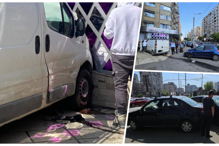 Trei autoturisme s-au ciocnit în Mărăști! Un șofer a ajuns cu mașina direct într-o sală de jocuri - FOTO