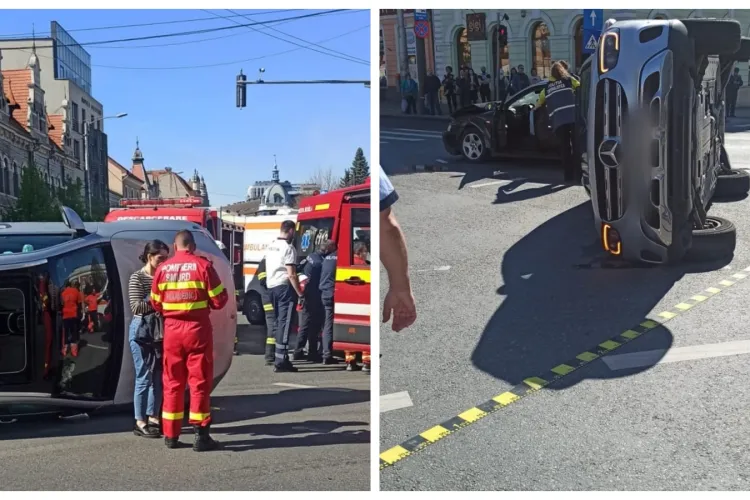 Accident grav în Piața Avram Iancu. Un autoturism s-a răsturnat în urma impactului - VIDEO