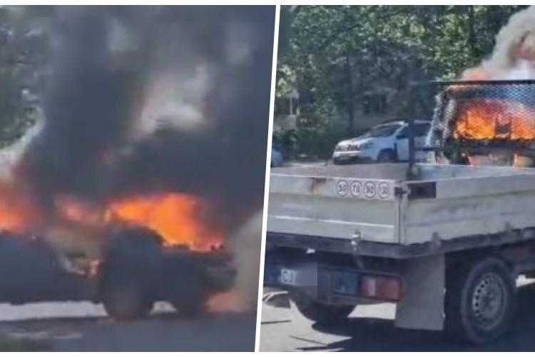 O camionetă înmatriculată în Cluj a ars ca o torță pe un Bulevard din Constanța. Flăcările au cuprins toată cabina - VIDEO 