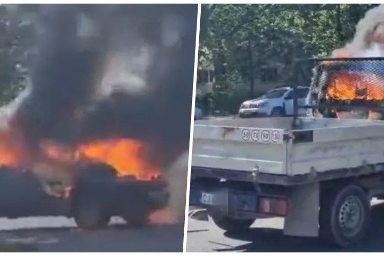O camionetă înmatriculată în Cluj a ars ca o torță pe un Bulevard din Constanța. Flăcările au cuprins toată cabina - VIDEO 
