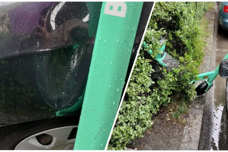,,Ar trebui scoase din circulatie”- Un șofer din Cluj s-a trezit cu mașina distrusă din cauza unei trotinete aruncate la întâmplare 