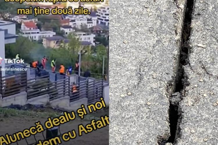 Strada Uliului din Cluj a luat-o iar la vale. Ca să acopere crăpăturile, autoritățile au turnat rapid asfalt. A doua zi a crăpat asfaltul -VIDEO