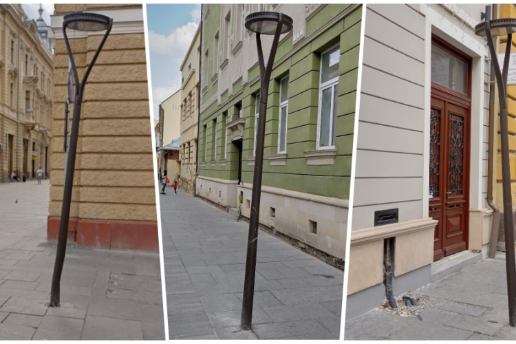 ,,Doreii” Clujului lovesc din nou! Corpurile de iluminat de pe strada Iuliu Maniu au fost montate strâmb: ,,Iluminare stradală marca Turnul din Pisa”