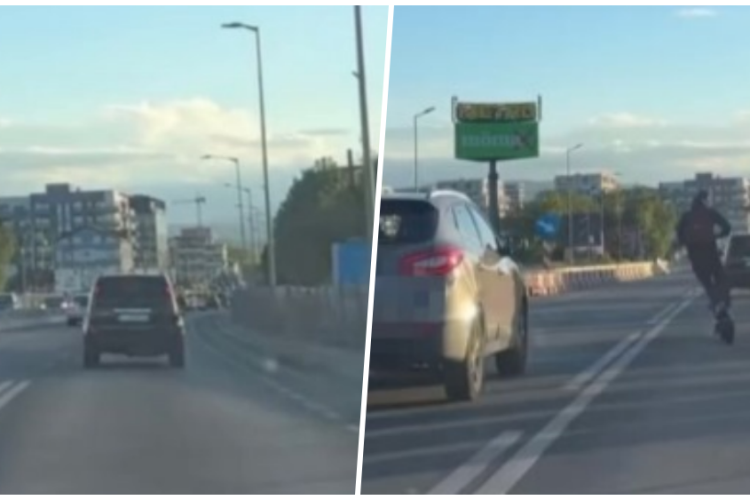 Imagini incredibile din traficul clujean! Trotinetist kamikaze surprins în timp ce gonea cu o viteză absurdă printre mașini - VIDEO 
