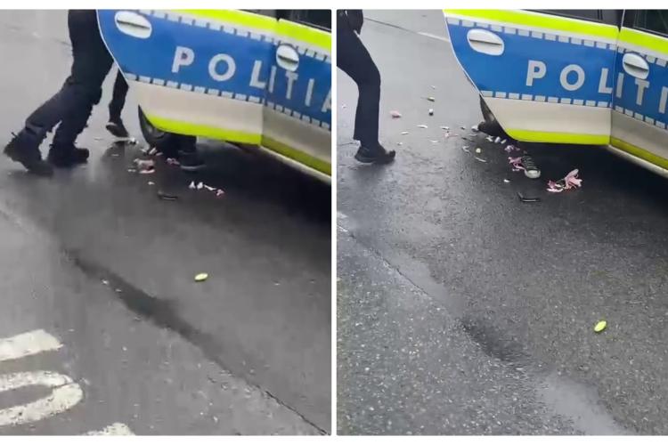 Cluj - Scene incredibile! Un polițist se chinuie să rețină un bărbat, iar colega l-a gazat pe el din greșeală - VIDEO