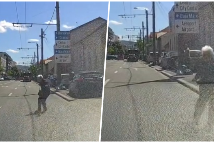 VIDEO:Tragedie evitată în ultima clipă pe o stradă din Cluj! O bătrânică a fost la un pas să fie lovită de un șofer după ce a trecut printr-un loc nepermis
