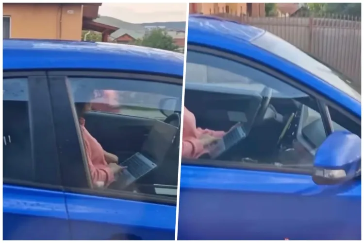 Clujul e la alt nivel! Șoferii nu mai stau pe telefon la volan, au trecut direct la laptop: ,,S-a deschis bursa la New York’’ - VIDEO 
