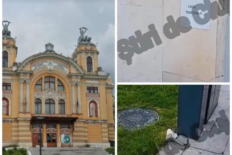 Pericol în centrul Clujului! Cad bucăți de tencuială din clădirea Teatrului Național: „S-a pus doar un afiș mic de avertizare” - VIDEO