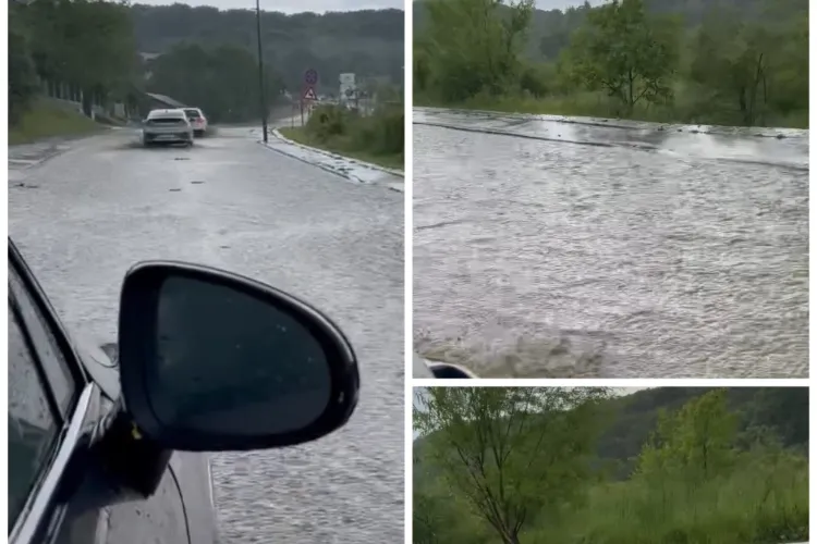 Atenție! Drum surpat înainte de camping-ul din Făget, Cluj! Circulați cu prudență pentru că șoseaua e acoperită de apă- FOTO VIDEO