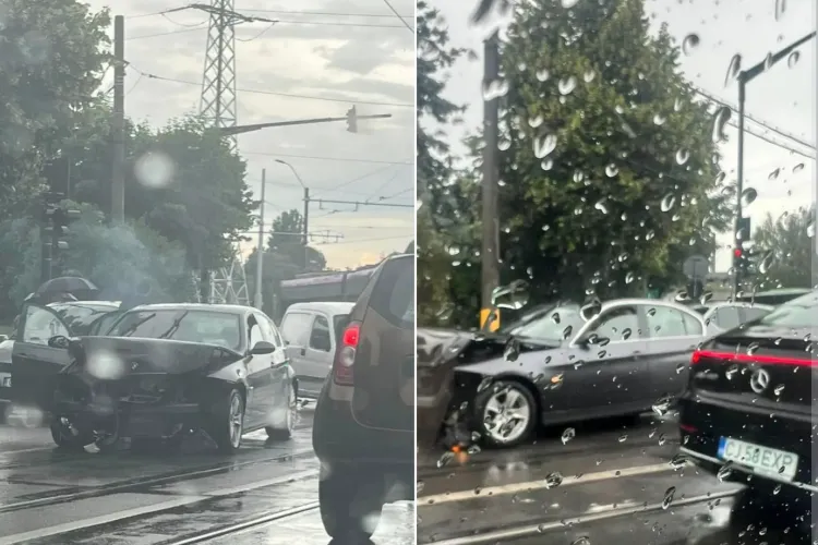 Accident pe strada Oașului din Cluj! Pe fondul carosabilului umed, șoferul a pierdut controlul volanului pe liniile de tramvai-FOTO
