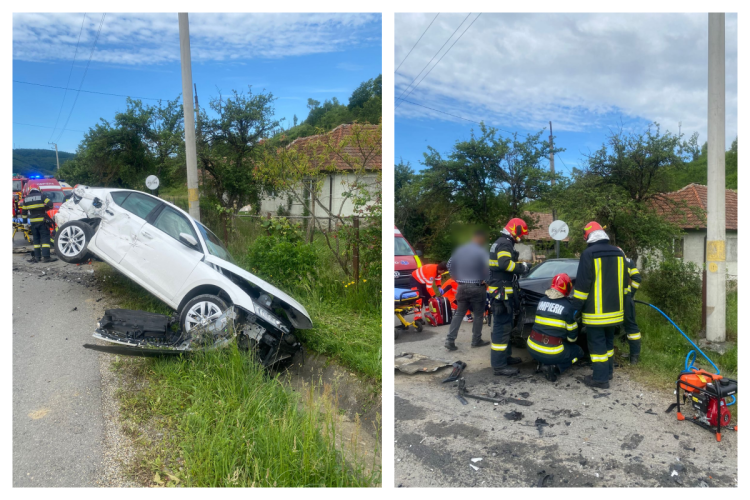 ACCIDENT cu trei mașini într-o localitate din Cluj. Două femei primesc îngrijiri medicale/La fața locului a aterizat elicopterul SMURD - VIDEO