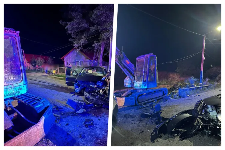 Accident grav azi-noapte într-o localitate din Cluj/ O mașină și un buldoexcavator au fost implicate. O femeie de 50 de ani a murit- FOTO