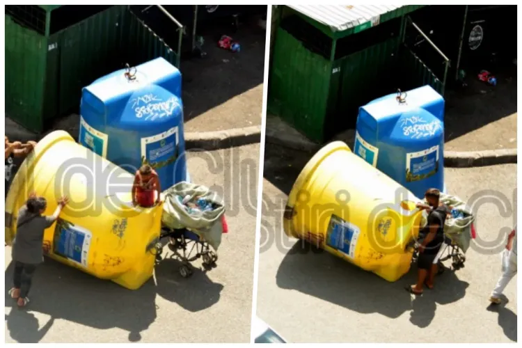 Scene halucinante la Cluj! O familie și-a băgat copilul direct într-o ghenă de gunoi răsturnată, ca să recupereze sticlele pentru reciclat - FOTO 