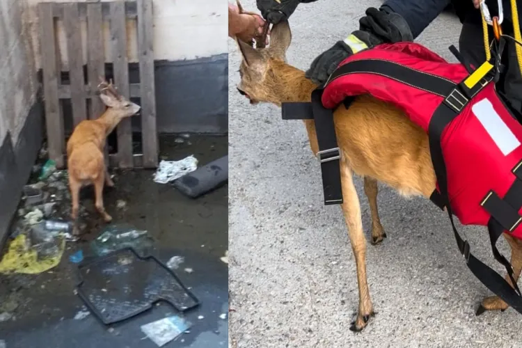 Cluj: Căprior blocat la parterul unui bloc din Florești, evacuat și eliberat în mediul său natural: „Norocul lui a fost că l-a observat un locatar”