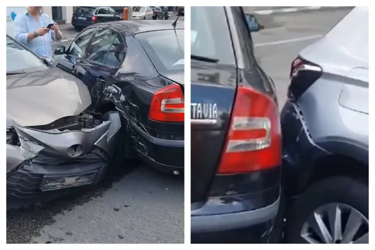 VIDEO LIVE: Accident filmat LIVE pe strada Dorobanților din Cluj-Napoca! Trei mașini s-au făcut praf, după ce un șofer a vrut să vireze la stânga