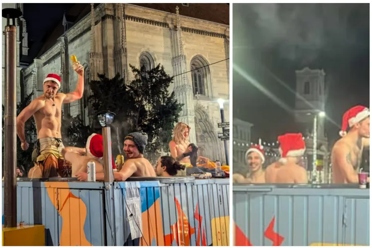 Baie fierbinte în ciubăr la Târgul de Crăciun din Piața Unirii din Cluj pentru a înfrunta frigul? Imaginația clujenilor nu are limite FOTO/VIDEO