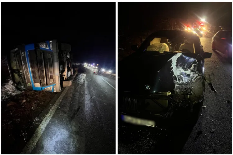 Accident spectaculos între Cluj și Oradea! Un TIR s-a răsturnat după impactul cu un BMW, care s-a făcut praf. Patru bărbați, evaluați de medici FOTO 